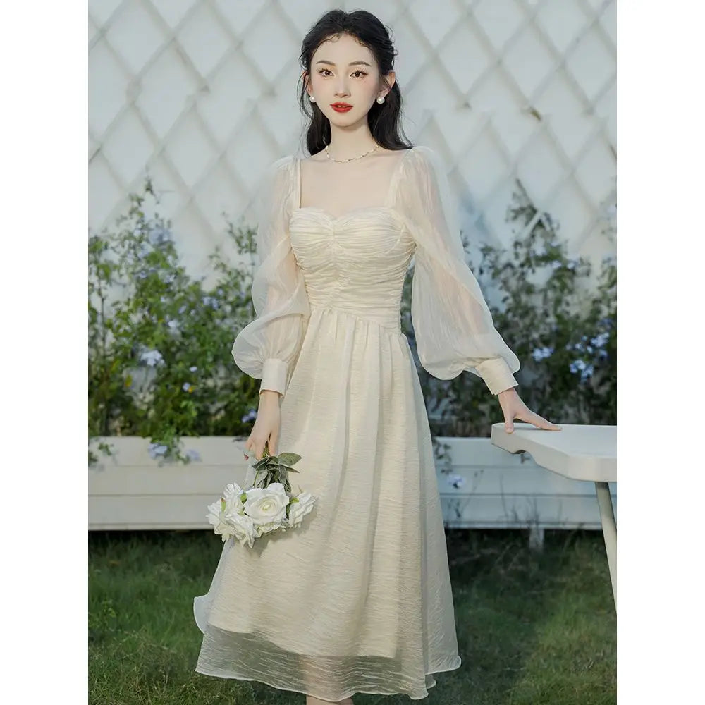 MQTIME - French Sweet High Grade Waist Slimming Bubble Sleeve Vintage Dress for Women Spring Square Neck Gentle Style A-line Long Dresses