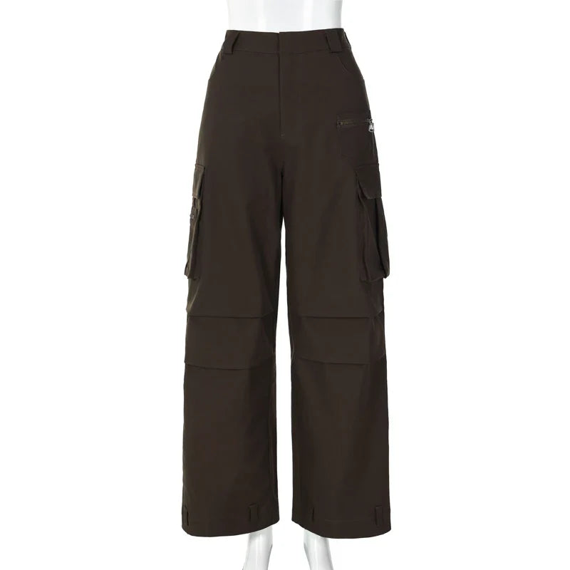 nvxiot - Zipper Pockets High Waist Solid Y2K Streetwear Wide Leg Women'S Cargo Pants Casual Daily Vacation Wholesale Clothing