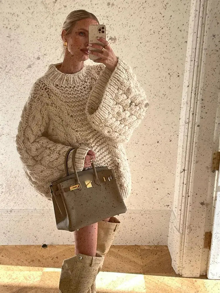 nvxiot - Women Overtised Loose Solid Long Sleeve Knit Cardigan Elegant O Neck Short Sweaters 2024 Autumn Lady High Streetwear