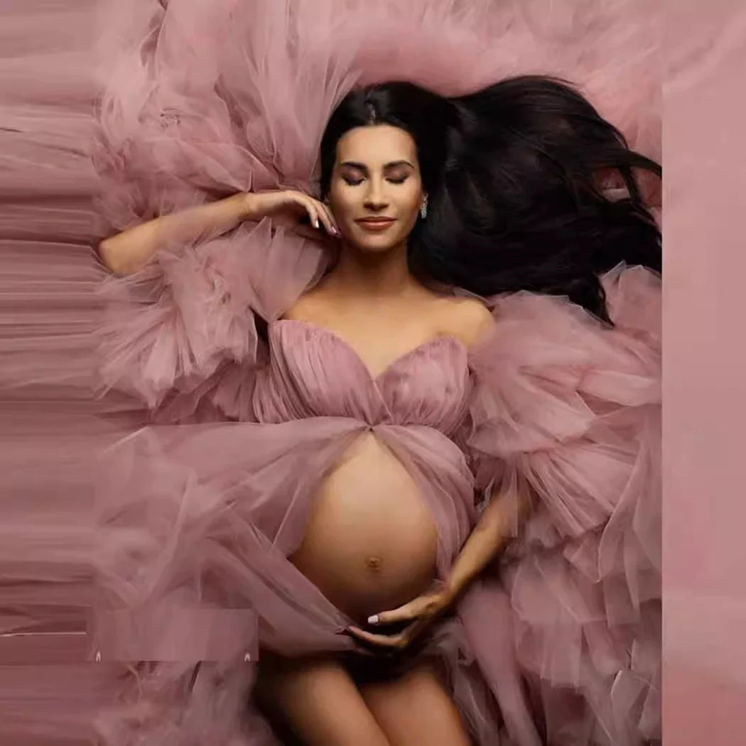 nvxiot - Elegant Tulle Cardigan Maternity Dress For Photoshoot Long Pleated Hem Detachable Sleeves Pregnant Women Dress For Wedding Guest