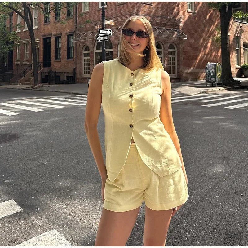 MQTIME - Casual Shorts Sets Women Single Breasted O-neck Sleeveless Vest High Waist Shorts 2024 Summer Slim Solid Office Lady Outwear
