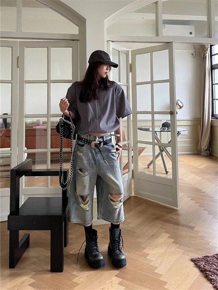 nvxiot - Women's High Waisted Hole Wide Leg Cropped Jeans Summer New Street Style Thin Denim Shorts Casual Female Straight 5/4 Hot Pants