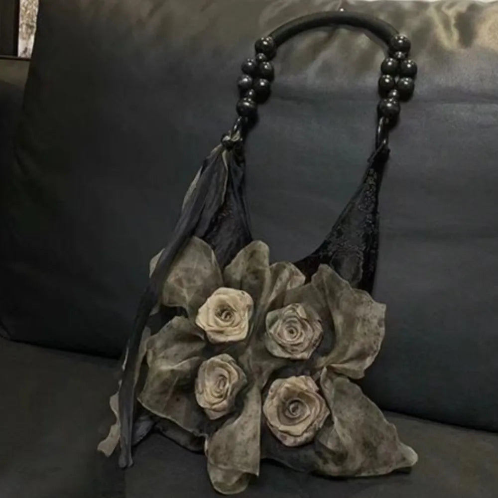 nvxiot - Fairy Core Rose Handbag Women Vintage Chinese Style Folds Chic Black Shoulder Bags Ladies Retro Sweet Cool Y2k Purses