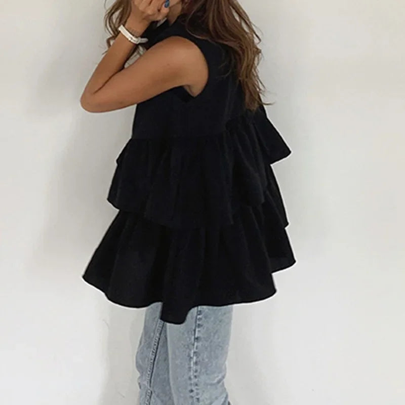 MQTIME - Black Sleeveless Women's New Fashion Summer Kawaii Round Neck T-shirt Top with Ruffled Cute Korean Loose Women's Vest Top