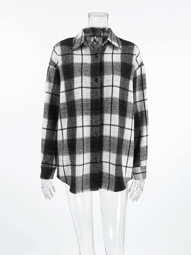 MQTIME - 2024 Women Autumn Winter Black Plaid Thick Shirt Vintage Oversized Long Sleeve Loose Fit Blouse For Woman