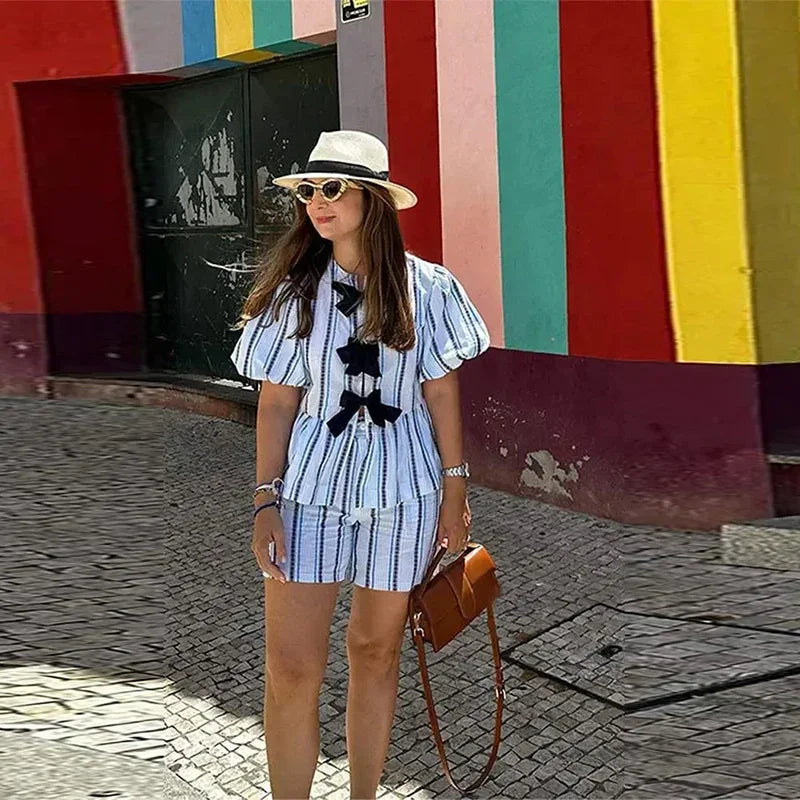 MQTIME - Casual Stripe Bow Lace Up Shirt Shorts Suit Women Short Sleeve Tops Elastic Waist Shorts Set Female 2024 Summer Vacation Outfits