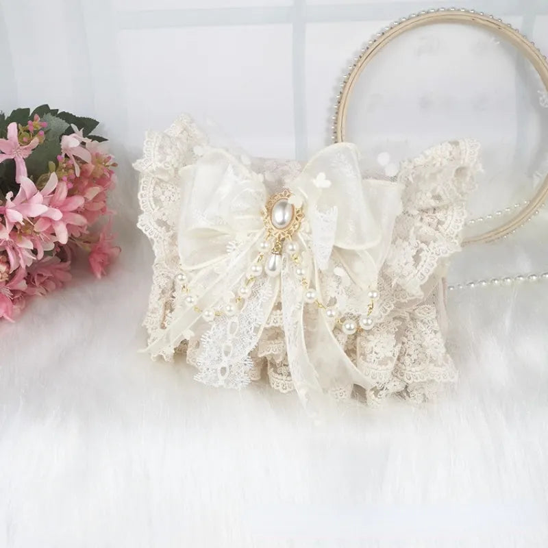 nvxiot Lolita Gentle Girls Shoulder Bags Elegant Sweet Lace Bow Women's Handbags Fashion Cute Pearl Chain Top-Handle Y2k Aesthetic