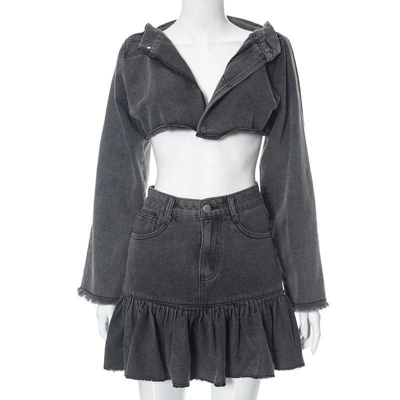 nvxiot - Autumn Winter Jeans Two Piece Set Women Buttons Tassel Full Sleeve Crop Tops High Waist Slim Ruffles Mini Skirt Denim Streetwear