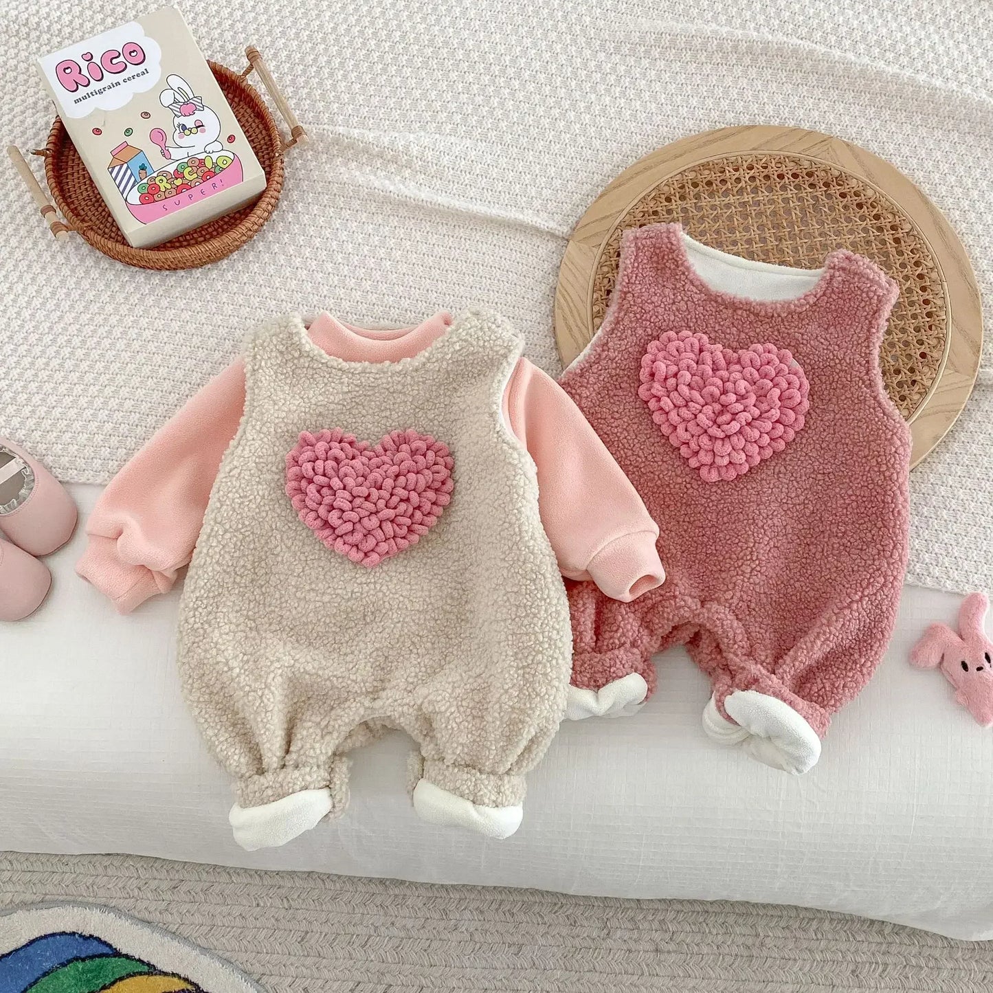 MQTIME - Autumn/Winter Baby Fleece Rompers 0-2 Y Infant Girls Sweet Heart Sleeveless Jumpsuit Toddler Warm Fur Outwear