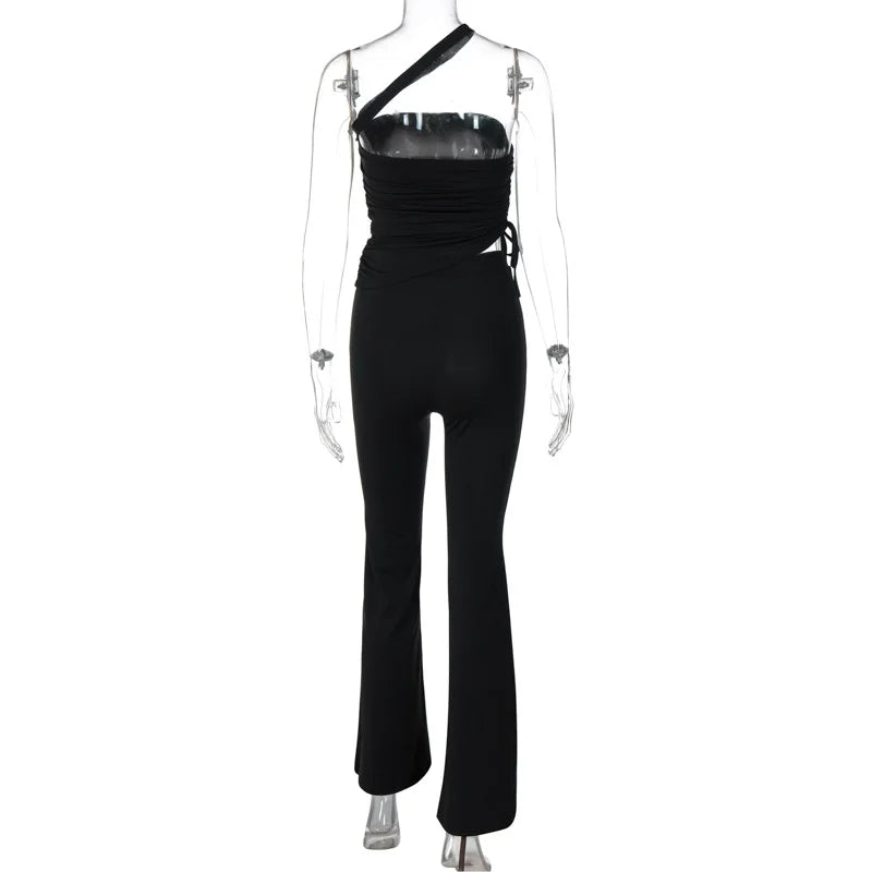 nvxiot - Women Casual Streetwear 2 Piece Set One Shoulder Strapless Drawstring Ruched Irregular Tops + Flare Pants Fashion Tracksuits