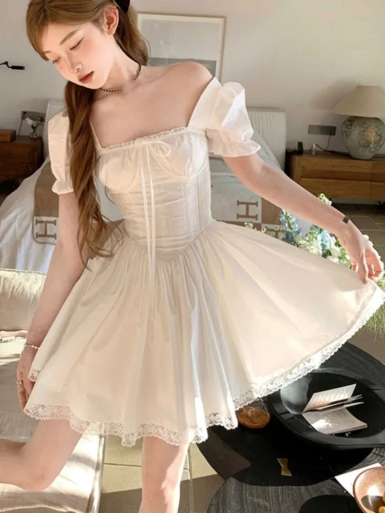 MQTIME - Y2K Princess Lace Patchwork Kawaii Dress Women Square Collar Off Shoulder Lace Up A-line Puff Sleeve French Style Party Dresses