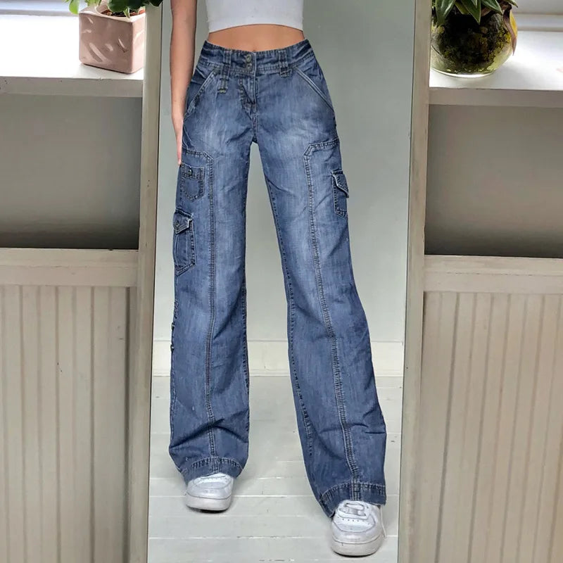 nvxiot Jeans for women high-waisted straight casual pants irregular pocket cargo pants mopping women's retro denim wide-leg trousers