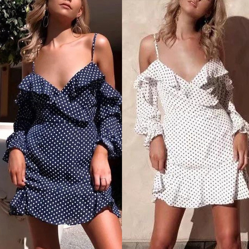 nvxiot New Fashion Polka Dot Printed Sling Off The Shoulder Long Sleeve V-Neck Ruffles Backless Mini Dress Women Clothing