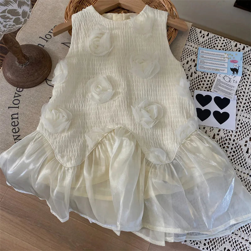 MQTIME - 2024 Summer Young Baby Girl Sundress Cotton 3D Rose Toddler Girl Princess Dress Korean Mesh Spliced Sleeveless Little Girl Dress