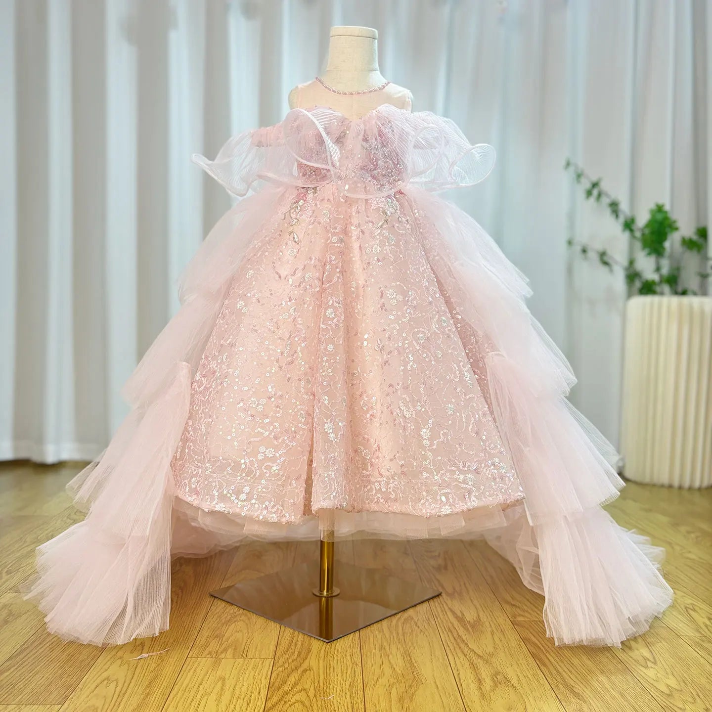 MQTIME - Sparkly Arabic Pink Girl Dress Beaded Pearls Dubai Kids Princess Birthday Wedding Party Ball Formal Gown 2024 J047