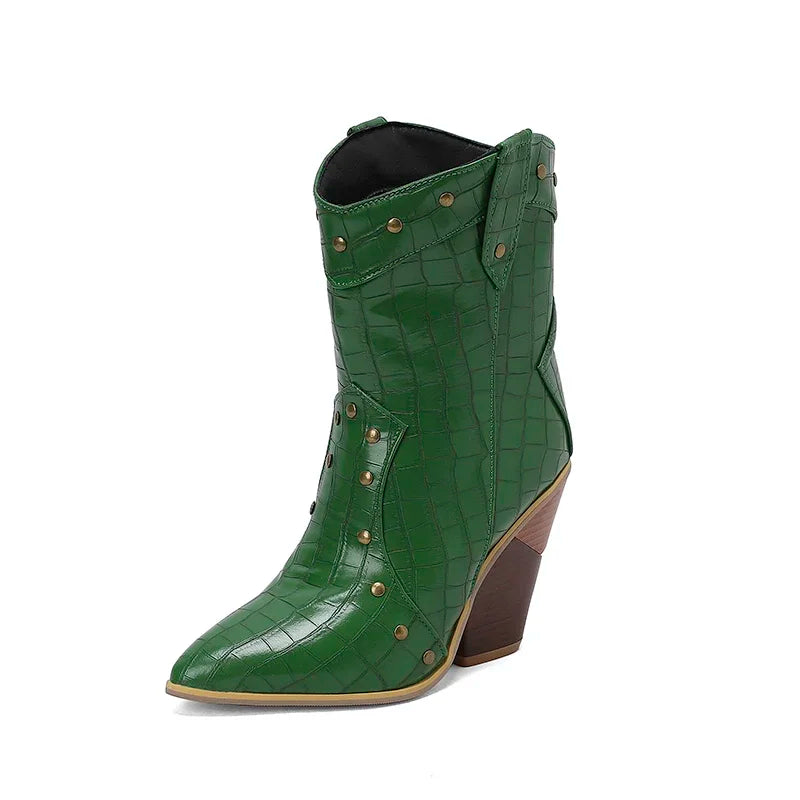 MQTIME - 2024 new autumn winter women ankle boots plus size 22-28cm pu upper pointed toe metal rivet high heel western boots