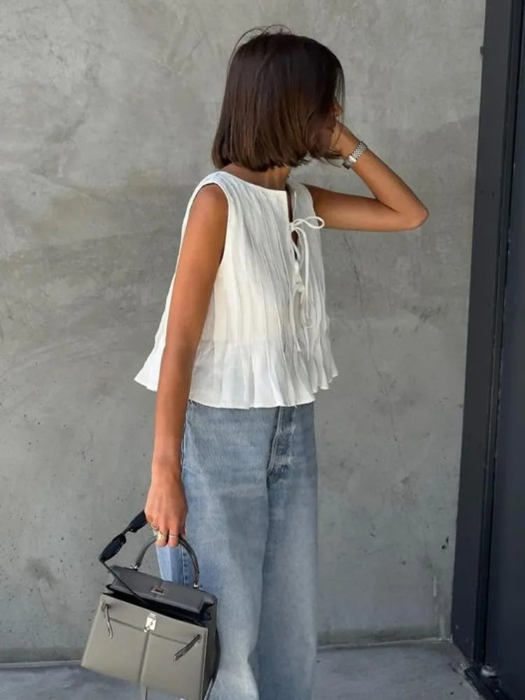 nvxiot - White Cotton Linen Shirt for Women Elegant Sexy Sleeveless Lace Up Blouse Summer Fashion Pleated Causal Holiday Shirts 2024