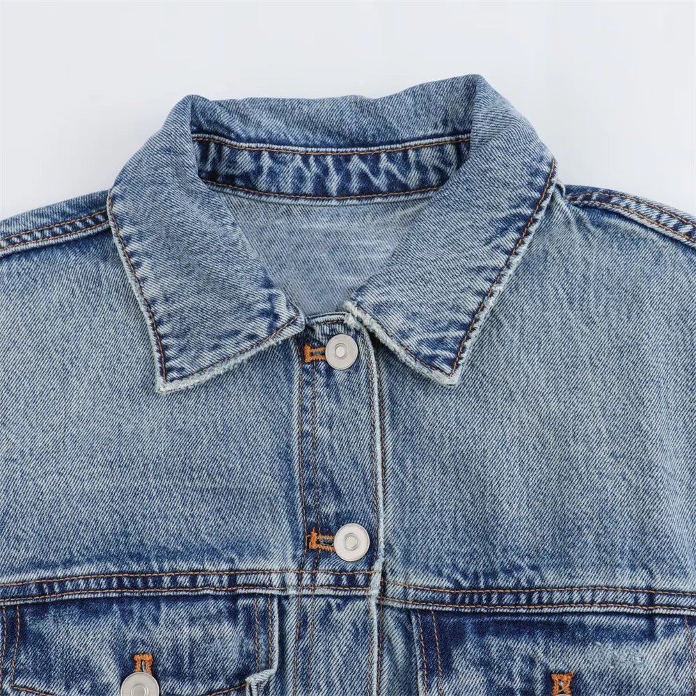 nvxiot - 2024 Summer New Women's Retro Polo Collar Long sleeved Washed Effect Patch Bag Decoration denim jumpsuit