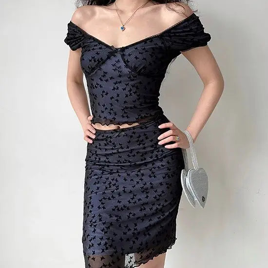 MQTIME - American Spicy Girl Butterfly Mesh Short Sleeve T-shirt Top+Hip Wrap Sexy Short Skirt Set Summer Two Pieces Sets Women Outfits