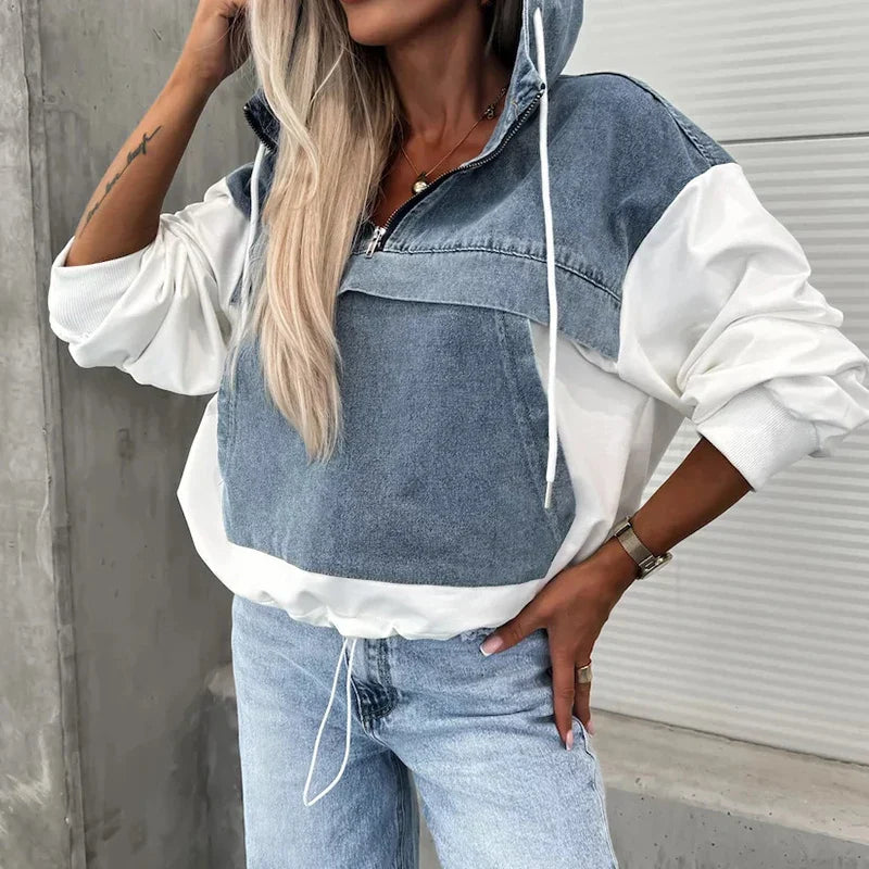 MQTIME - Casual Long Sleeve High Street Sweatshirts Autumn Women's Denim Patchwork Hooded Tops 2024 Fashion Zipper Pocket Loose Pullover