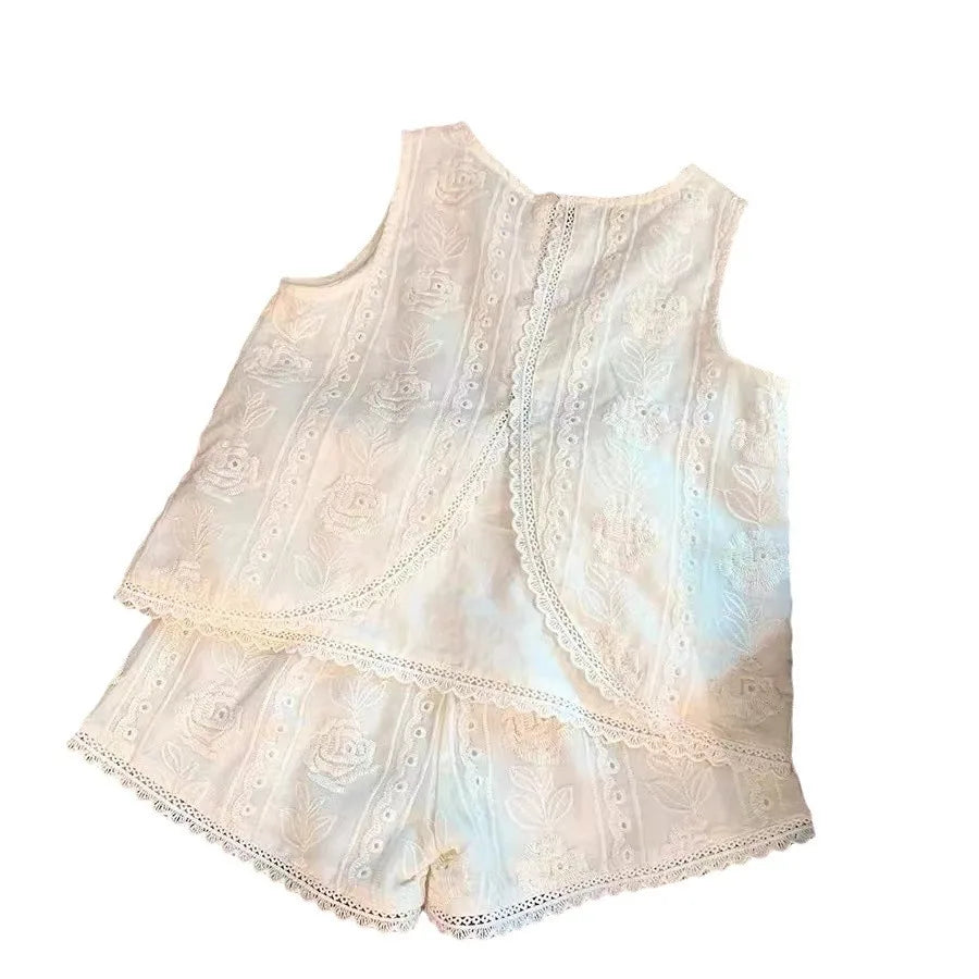 MQTIME - Summer Korean 2-8 Year Girl 2PCS Clothes Set Solid Hollow Jacquared Camisole Suit Lace Hem Elastic Waist Shorts Baby Girl Outfit