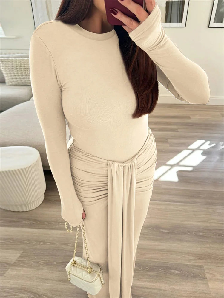 nvxiot - Pleated Tassel Slim Maxi Dress For Women Patchwork Lace-Up Elegant Fashion Solid Bandage Autumn Dress Female Party Dress