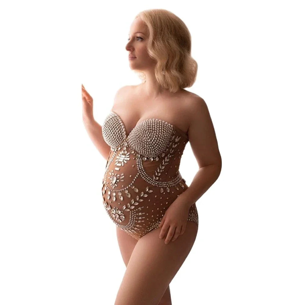 nvxiot - Maternity Photography Props Dress Sparkly Silver Rhinestones Bodysuit See Through Plus Size Pregnant Women Photo Shoot Clothing
