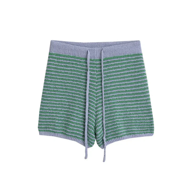 nvxiot - Knitted Contrast Top Set Women Green Lapel V-neck Pullover High Waist Short Pants Suit Female 2024 Autumn Casual Chic Outfit
