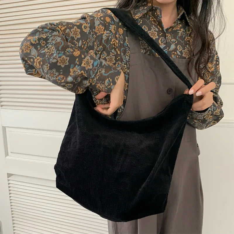 nvxiot Large Capacity Shoulder Bag Women Tote Corduroy Handbags for Female INS Fashion Big Bags Black/Beige/Red/Green/Khaki Solid Color