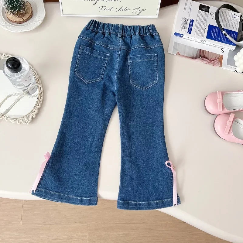 MQTIME - Girls Jeans Autumn Spring Bow Kids Denim Pants Fashion Korean Fall Children Casual Trousers Baby Girl Flared Trousers 2-7Yrs