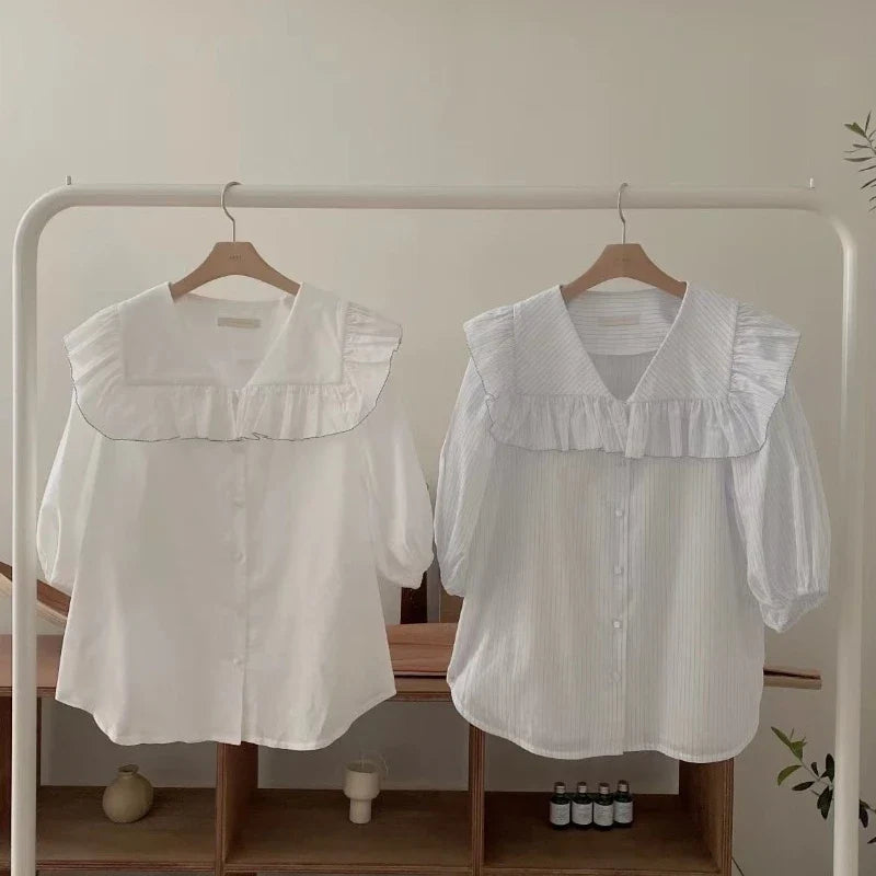 nvxiot - Korean Style Female Shirts Summer Minimalist Navy Collar Ruffle Stripe Blouse Loose Single Breasted Short Bubble Sleeve Tops