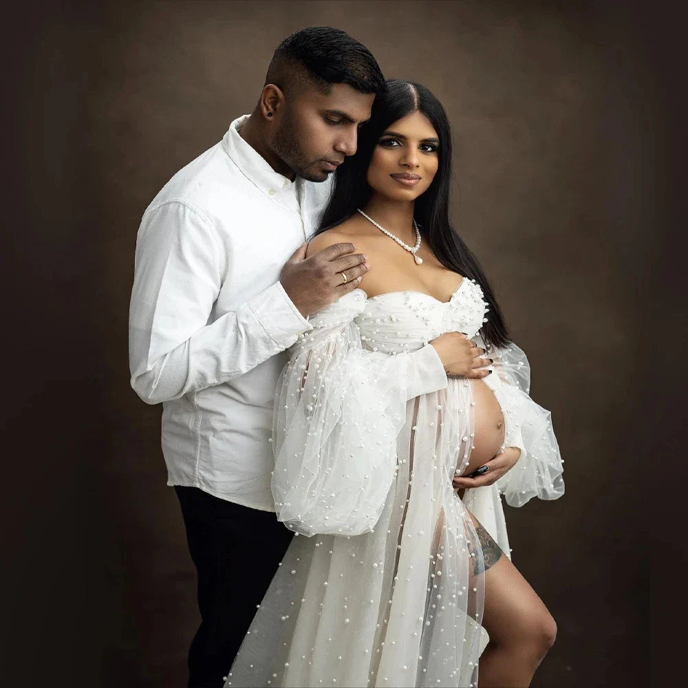 nvxiot Elegant Maternity Photography Props Dress Pearls Tulle Bridal Gown Maternity Dresses for Photoshoot Off Shoulder Babyshower Gown