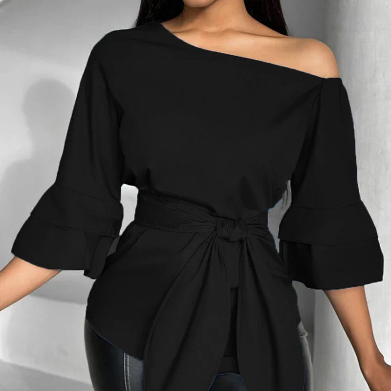 nvxiot - New Spring Casual Flared Sleeve Commuting Shirt Women's Loose Solid Color Pullover Fashion Diagonal Neck Bow Tie Up Top Blouses