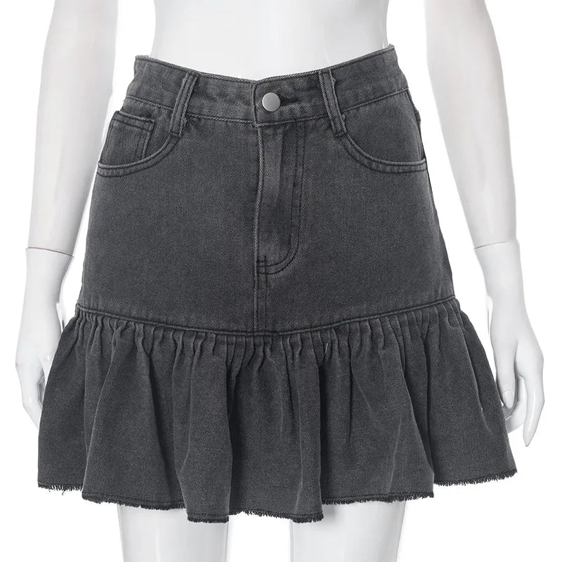 nvxiot - Autumn Winter Jeans Two Piece Set Women Buttons Tassel Full Sleeve Crop Tops High Waist Slim Ruffles Mini Skirt Denim Streetwear