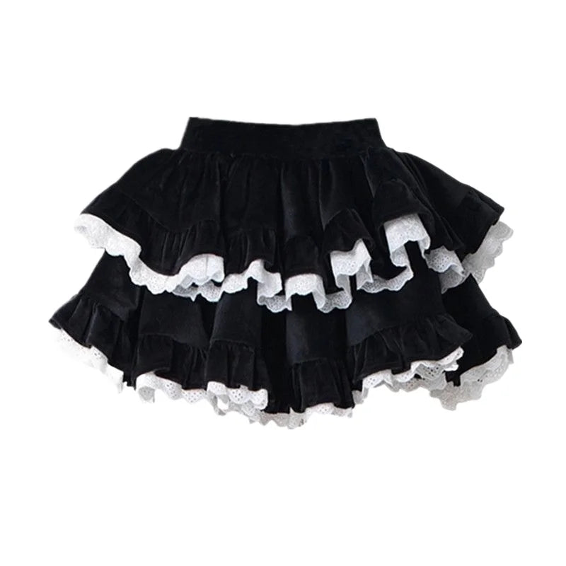 MQTIME - Black Velvet Ball Gown A-line High Waist Mini Women Skirt with Lace Gothic Style Pleated Skirts Korean Fashion Clothing