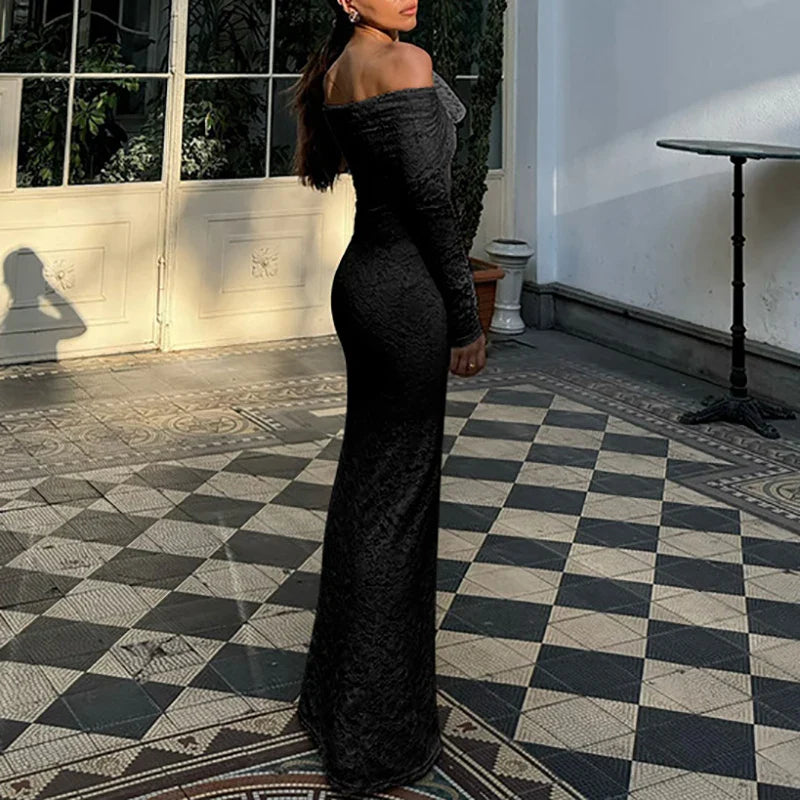 MQTIME - Autumn Elegant Solid Color Maxi Dress Sexy Off Shoulder High Waist Slim A-line Dress Fashion Lace Long Sleeved Women Party Dress