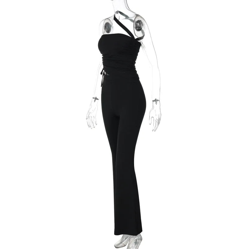 nvxiot - Women Casual Streetwear 2 Piece Set One Shoulder Strapless Drawstring Ruched Irregular Tops + Flare Pants Fashion Tracksuits