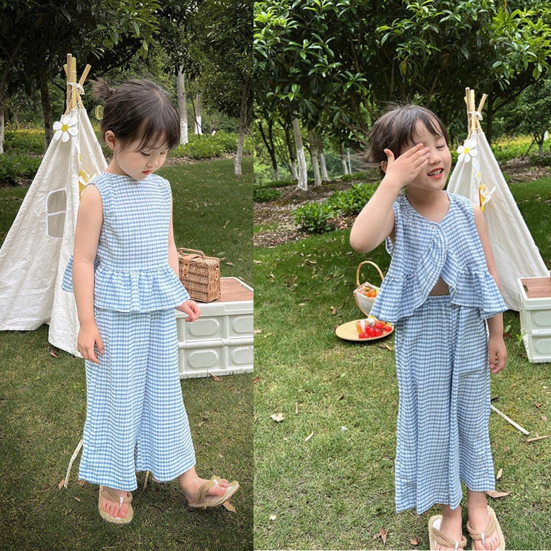 nvxiot 2pc Girls Clothing Set Summer Girls Cute Ruffles Plaid Vest Tops And Wide Long Pants Trousers Set With Pant Children Clothes