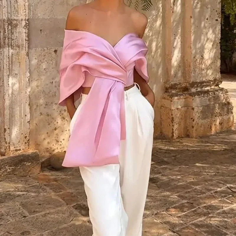 MQTIME - Chic Pink Satin Pleated Bow Tops Women Stylish Off Shoulder Backless Cropped Vest 2024 Spring Autumn Fashion Female Streetwear