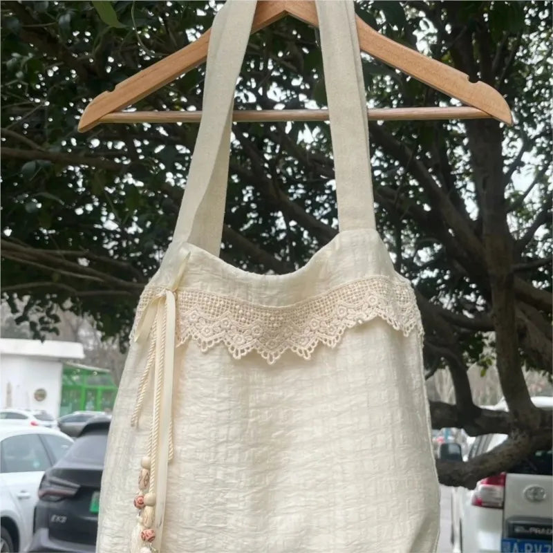 nvxiot - Harajuku Beige Canvas Shoulder Bags Women Vintage Lace Large Capcity Tote Bag Purse Female Versatile Casual Handbag Y2k