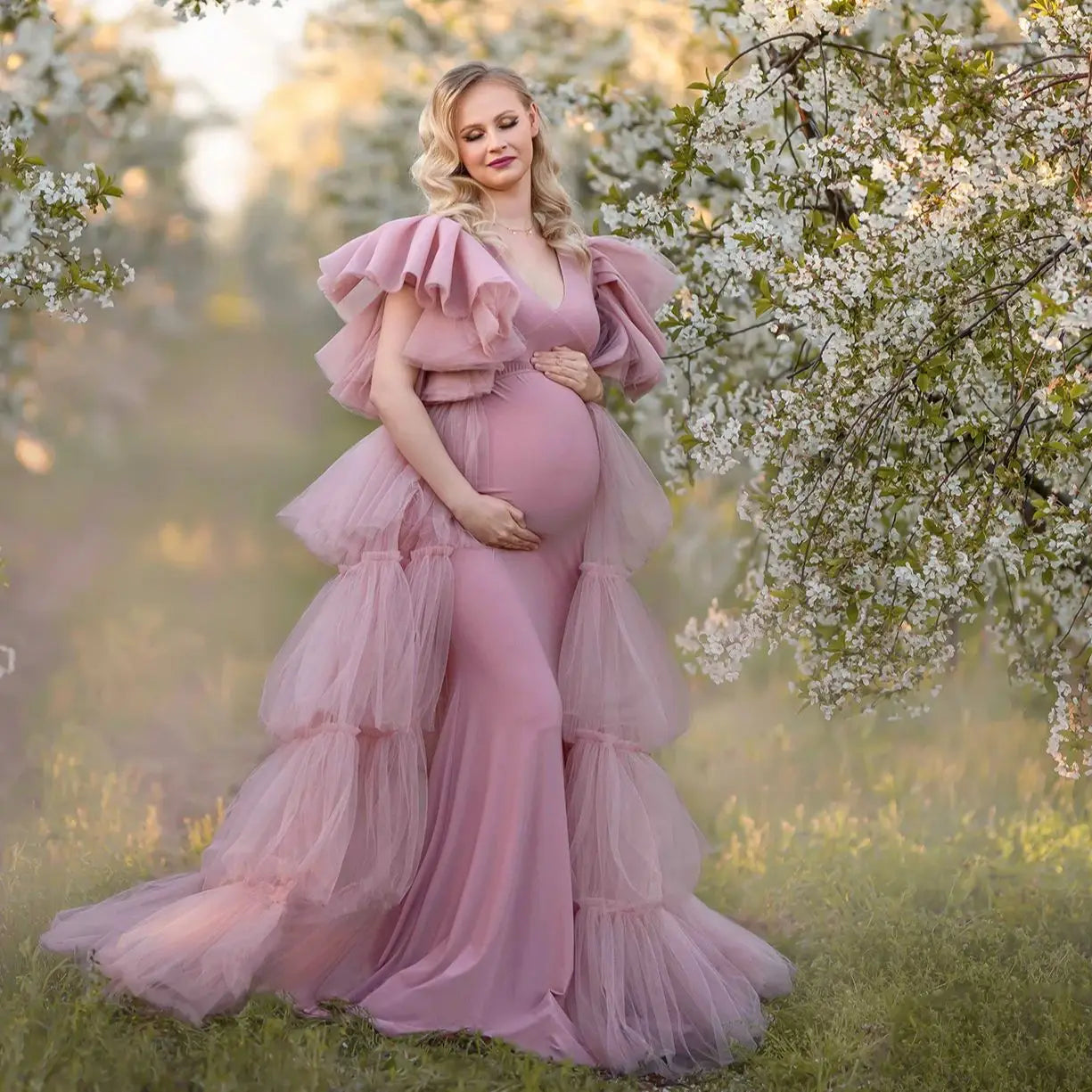 nvxiot - V Neck Maternity Gowns for Photo Shoot Dusty Pink Sleeveless Gala Robes Tiered Ruched Babyshower Gowns for Women Dressing