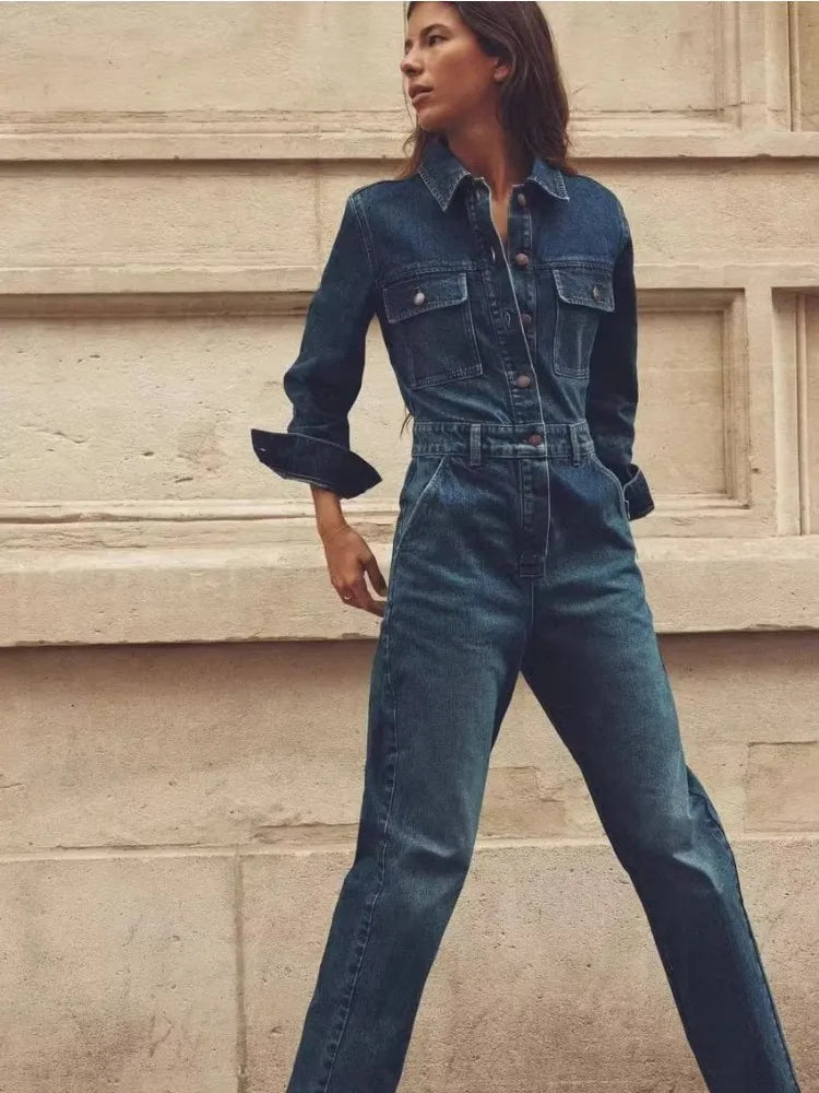 MQTIME - Blue Lapel Long Sleeved Jumpsuit For Women With A Stylish Front Pocket Embellishment, Straight Leg Long Denim Jumpsuit