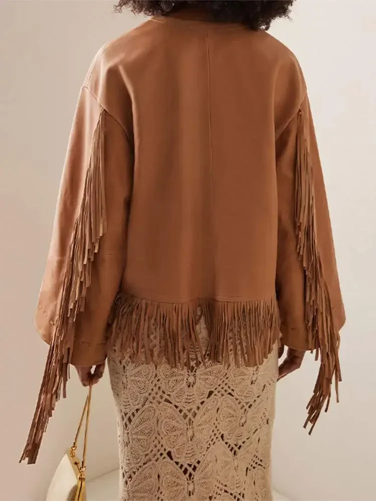 nvxiot - Fashion O Neck Tassels Patchwork Jackets For Women Solid Bow Lace Up Long Sleeves Outerwear 2024 Autumn New Lady Street Coats