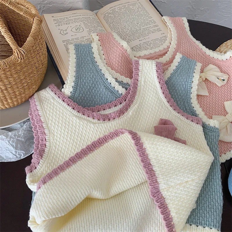nvxiot - 2024 Spring Children Girl Vest Korean Knotbow Toddler Girl Sweater Tank Top Spliced Loose Knitted Sleeveless Baby Girl Pullovers