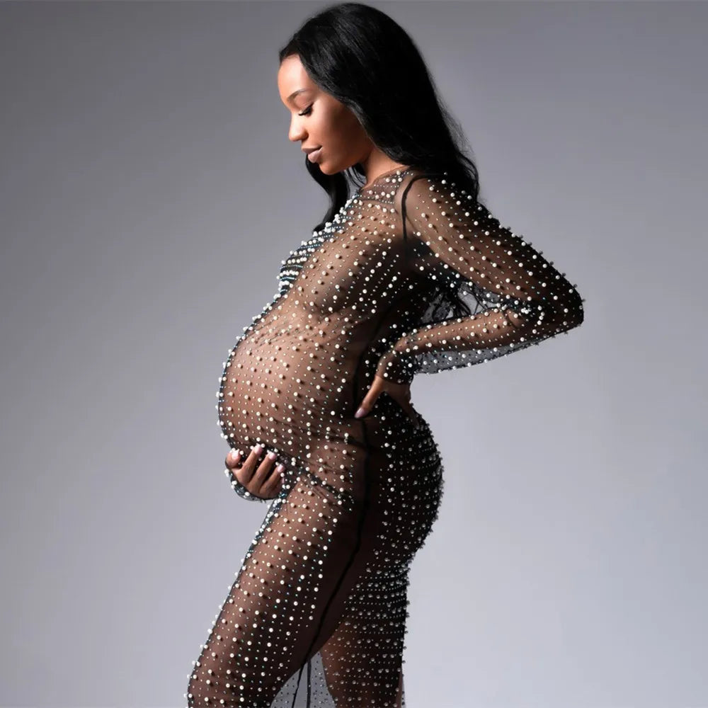 nvxiot - Mesh See Through Maternity Photography Long Dresses Pearl Transparent Tulle Pregnancy Photo Shoot Dress For Women Gown Party
