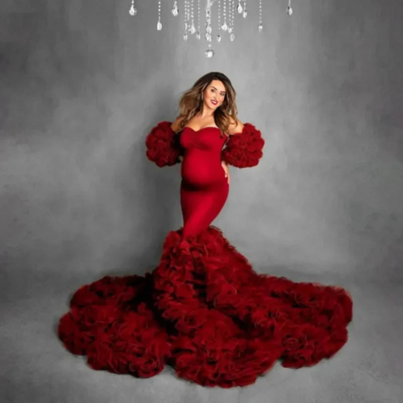 MQTIME - High Slit Prom Dresses Ruffles Maternity Robes for Photo Shoot Female Pregnant Mermaid Evening Gowns Customise