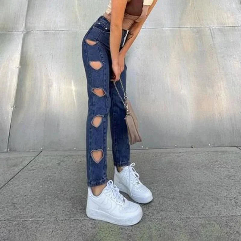 nvxiot - Y2K Heart-shaped High-waist Straight-leg Cut-out Ripped Jeans Women's Korean Slim-fit Trousers Casual Pants Streetwear Summer