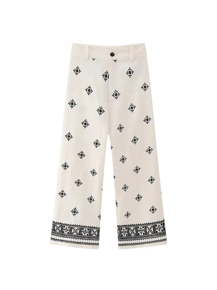 MQTIME - Vintage Women Loose Boho Linen Pants Summer Fashion Ladies Vocation Soft Embroidery Trousers Female Casual Bottoms Chic