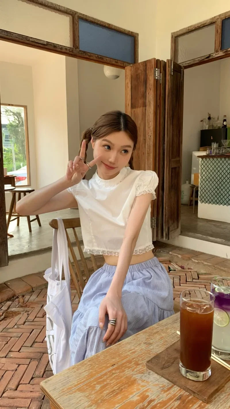 MQTIME - Elastic Waist Cotton Plaid Skirt with White Lace Hem Midi Long Skirts Women Summer #e-girl fairycore 2000s aesthetic korean cute
