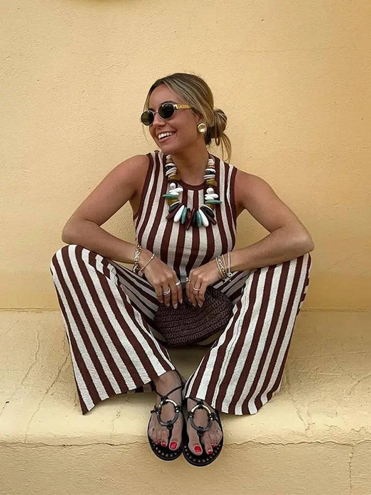 MQTIME - Fashion Striped Printed Sleeveless Women Tops Suits Casual O Neck Straight Pants Sets 2024 New Chic Female Office Outfits